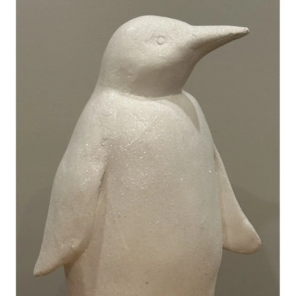 Holiday Decor White Penguin Resin Statue Figure Glittery 15” Contemporary Prop